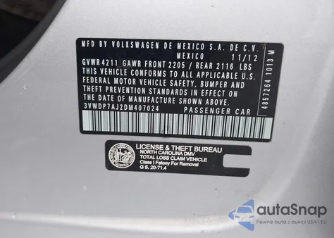 2013 Volkswagen Jetta 2.5L Se из США, поврежденный, VIN 3VWDP7AJ2DM407024